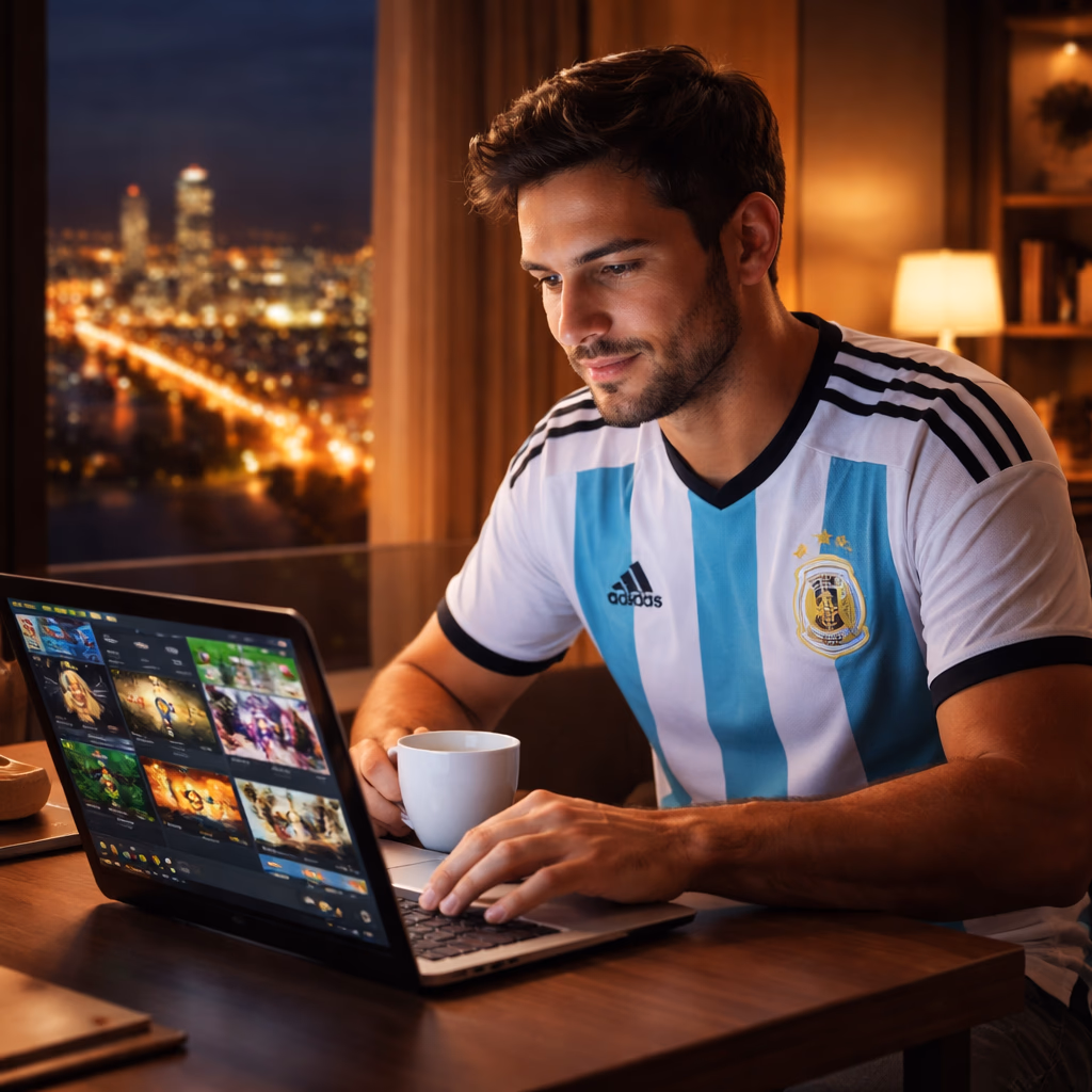 An excited player in Argentina enjoying the RakeBet platform on a laptop during an evening gaming session.