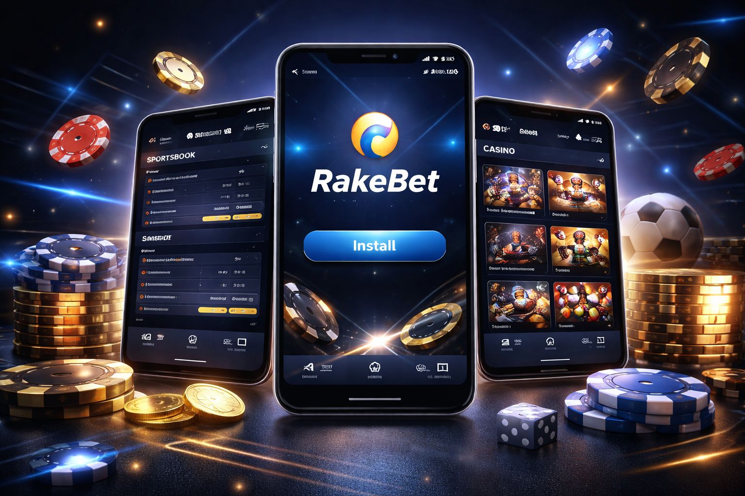 Player installing the RakeBet Android app while viewing mobile casino and sportsbook features on screen