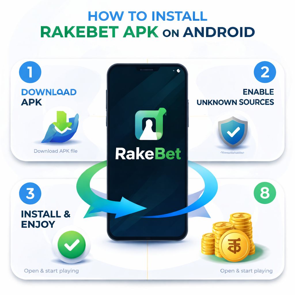 Step-by-step visual of the RakeBet APK installation process on an Android phone with secure setup elements