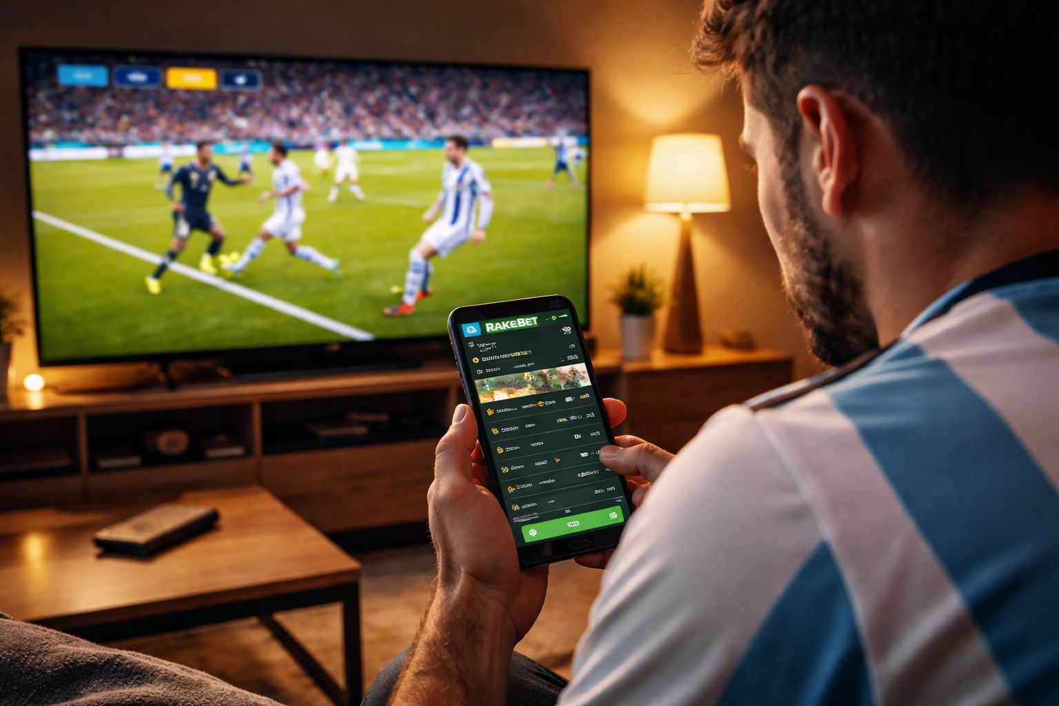 A mobile bettor in Argentina checking RakeBet live betting markets on a smartphone while watching a match unfold.