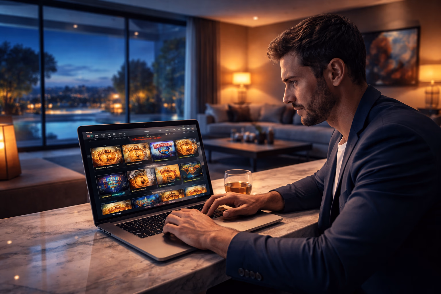 An Argentine woman using her laptop to browse the RakeBet Casino lobby filled with slots and live table options.