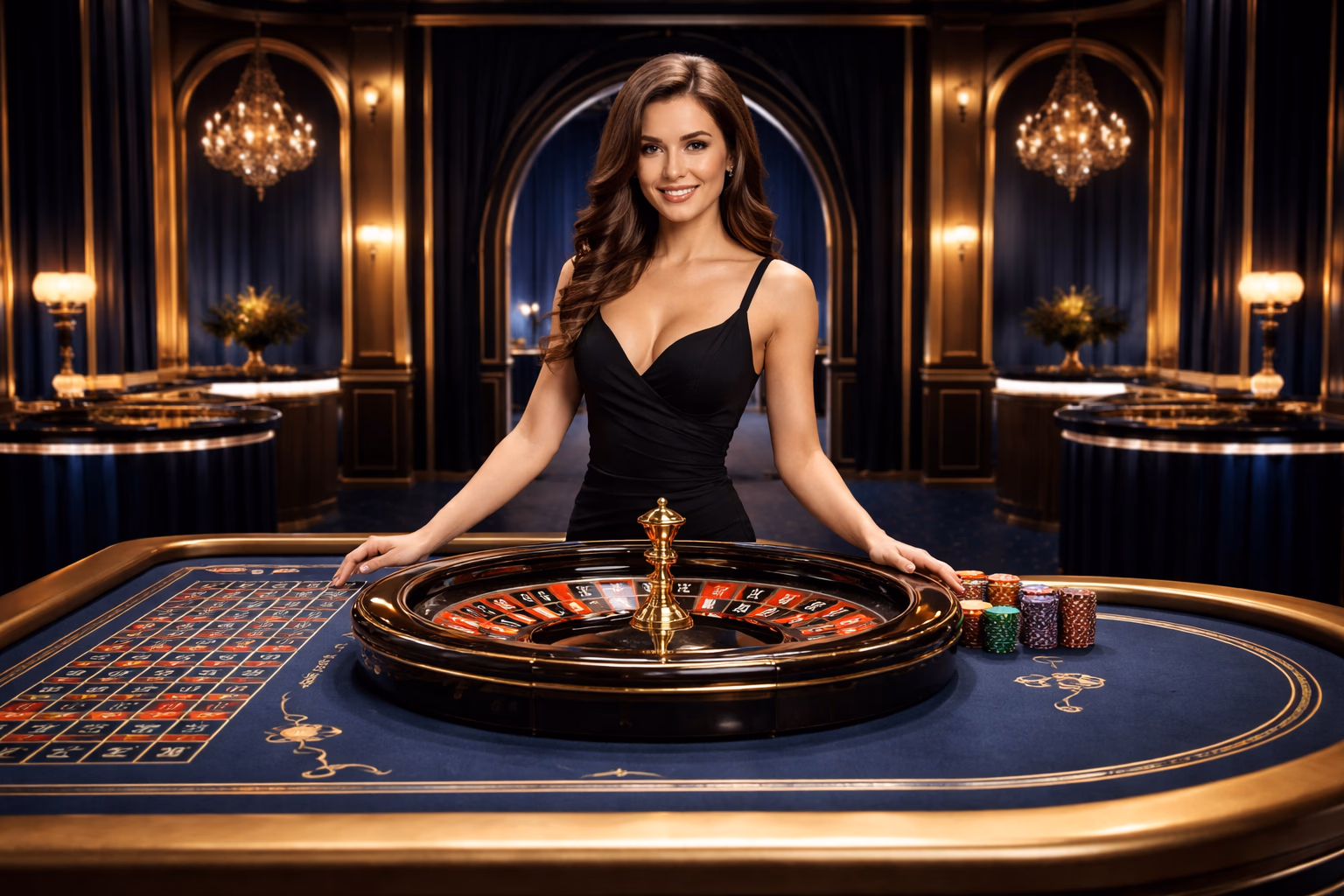 A professional live dealer hosting a roulette session in a sleek RakeBet studio with bright table lighting.
