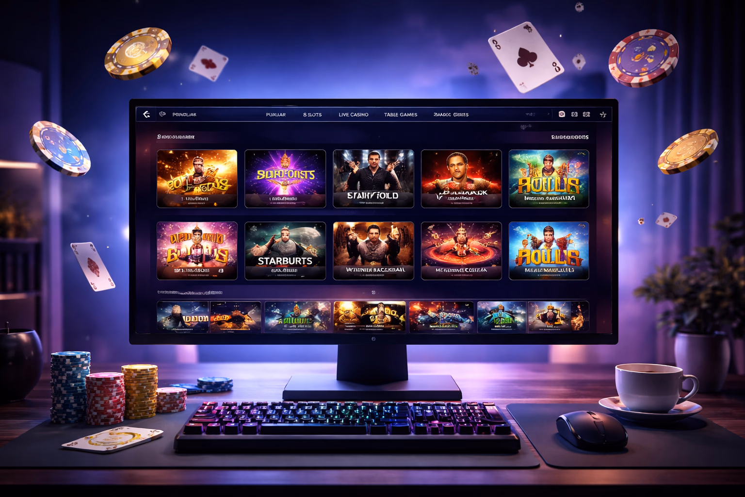 A sleek digital interface showing multiple RakeBet game categories arranged for easy browsing on a large screen