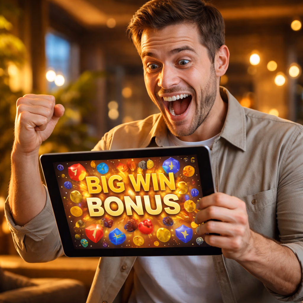 A happy Argentine player celebrating a feature win while using RakeBet Slots on a tablet in a modern setting.